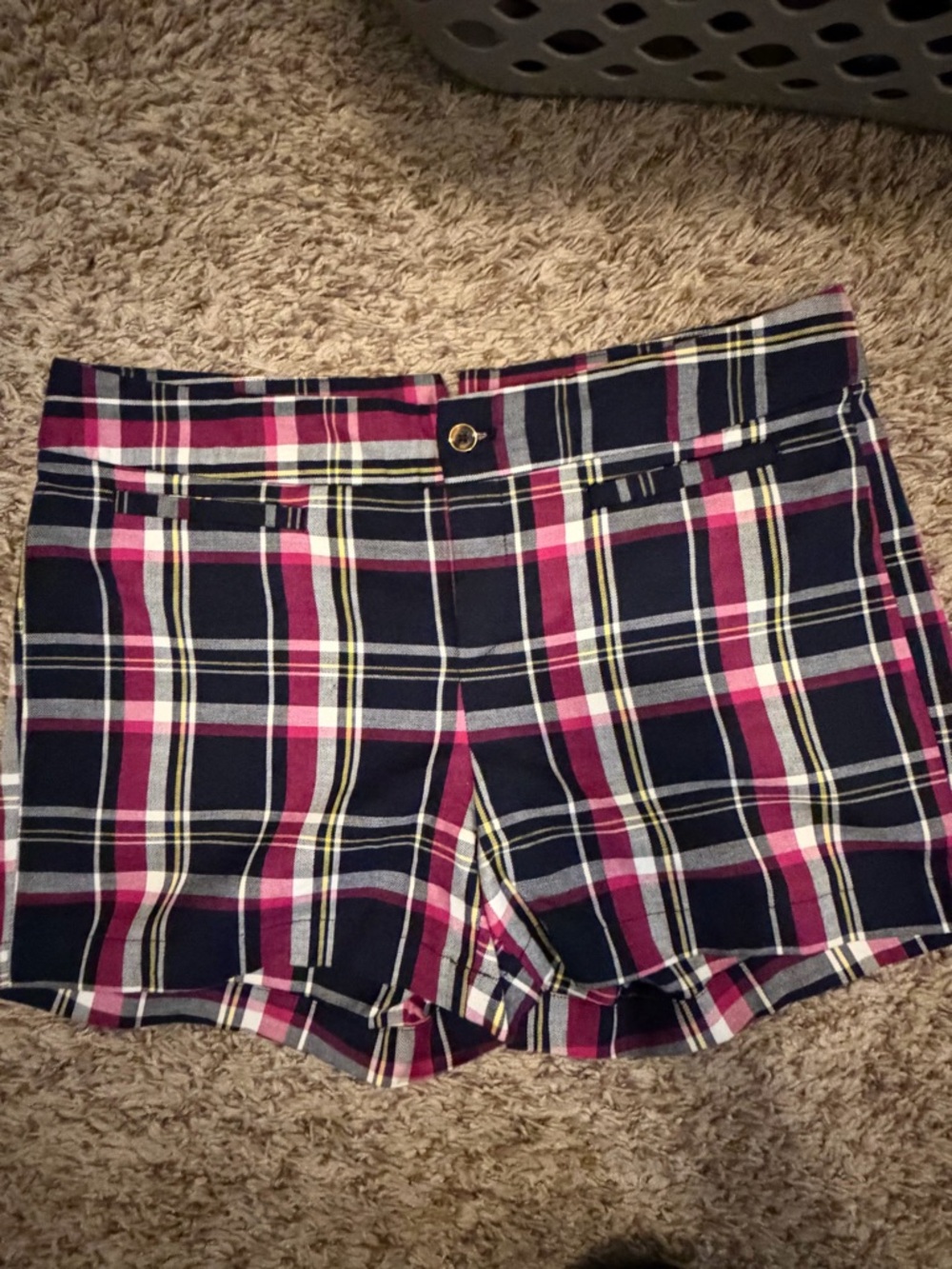 Banana Republic Navy, Pink & Yellow Plaid High-Waist Shorts